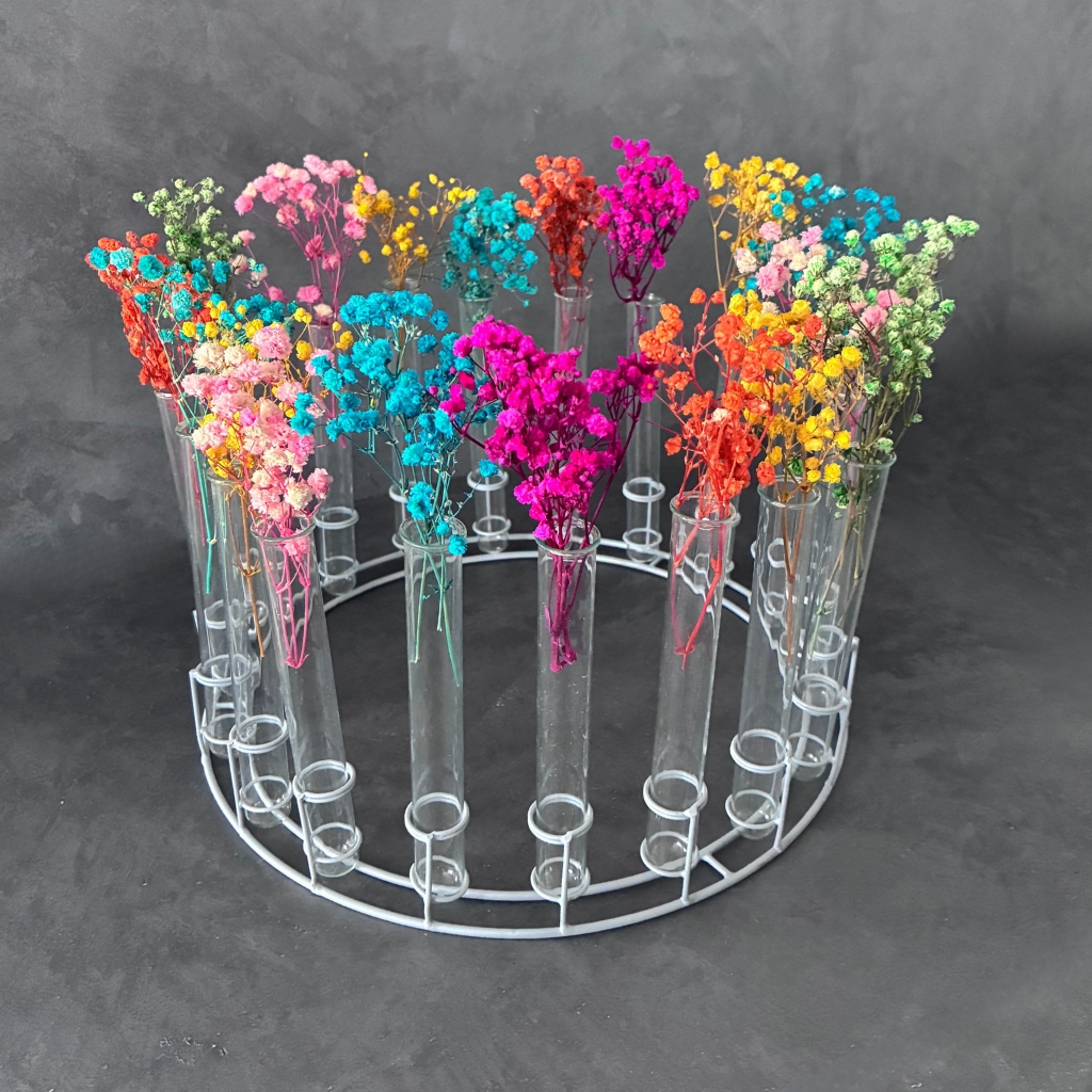 Kovový věnec s 19 skleněnými zkumavkami, dekorace pro květiny a bylinky